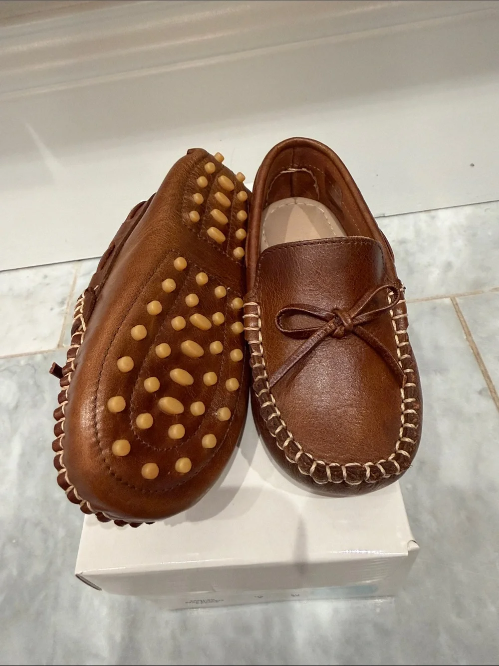 Elephantito Chestnut Brown Leather Moccasins with Bow Trim